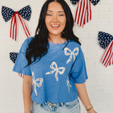 Bow Lace Embroidered Top - Blue