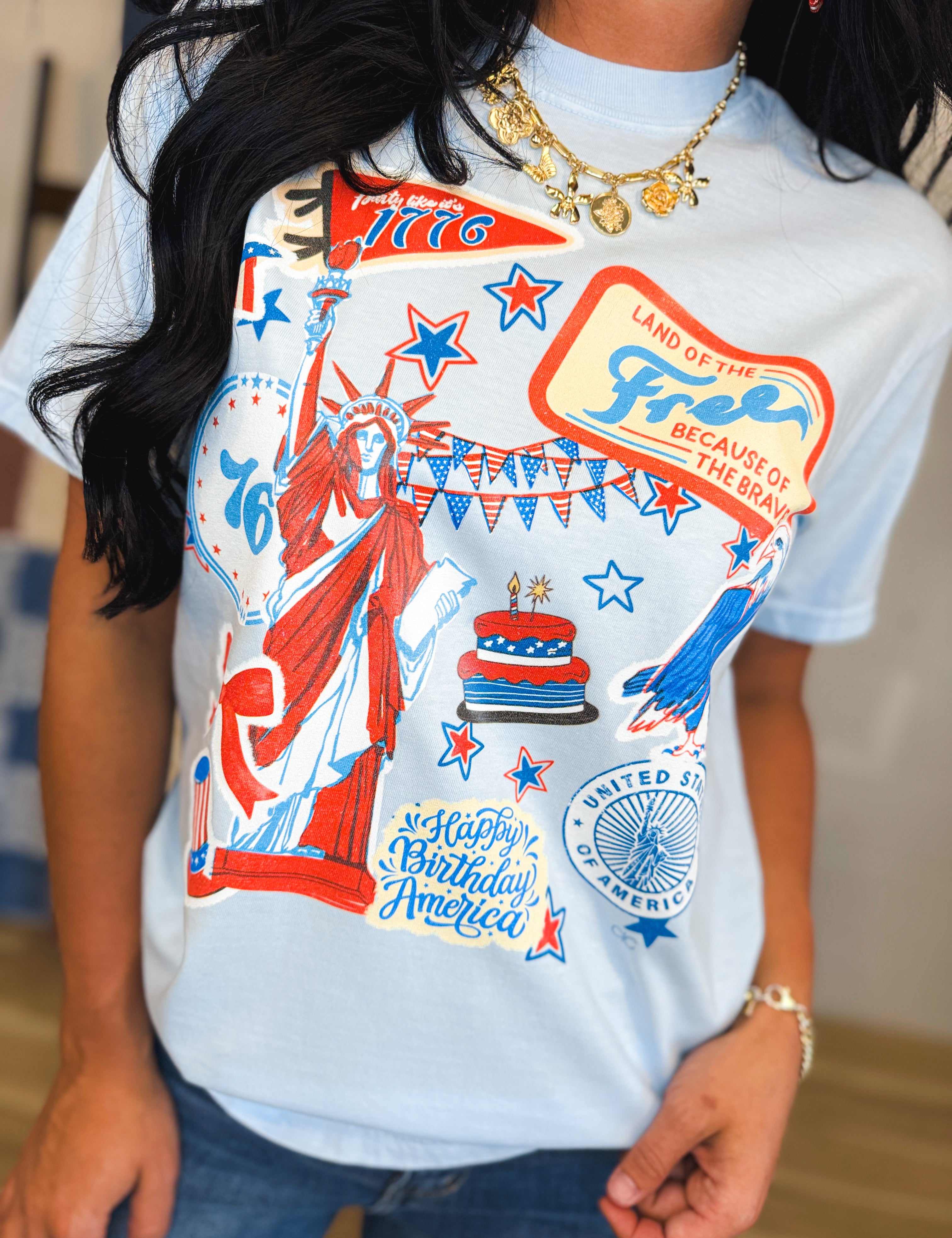 USA Sticker Patch Graphic Tee - Light Blue - Lace and Grace Boutique