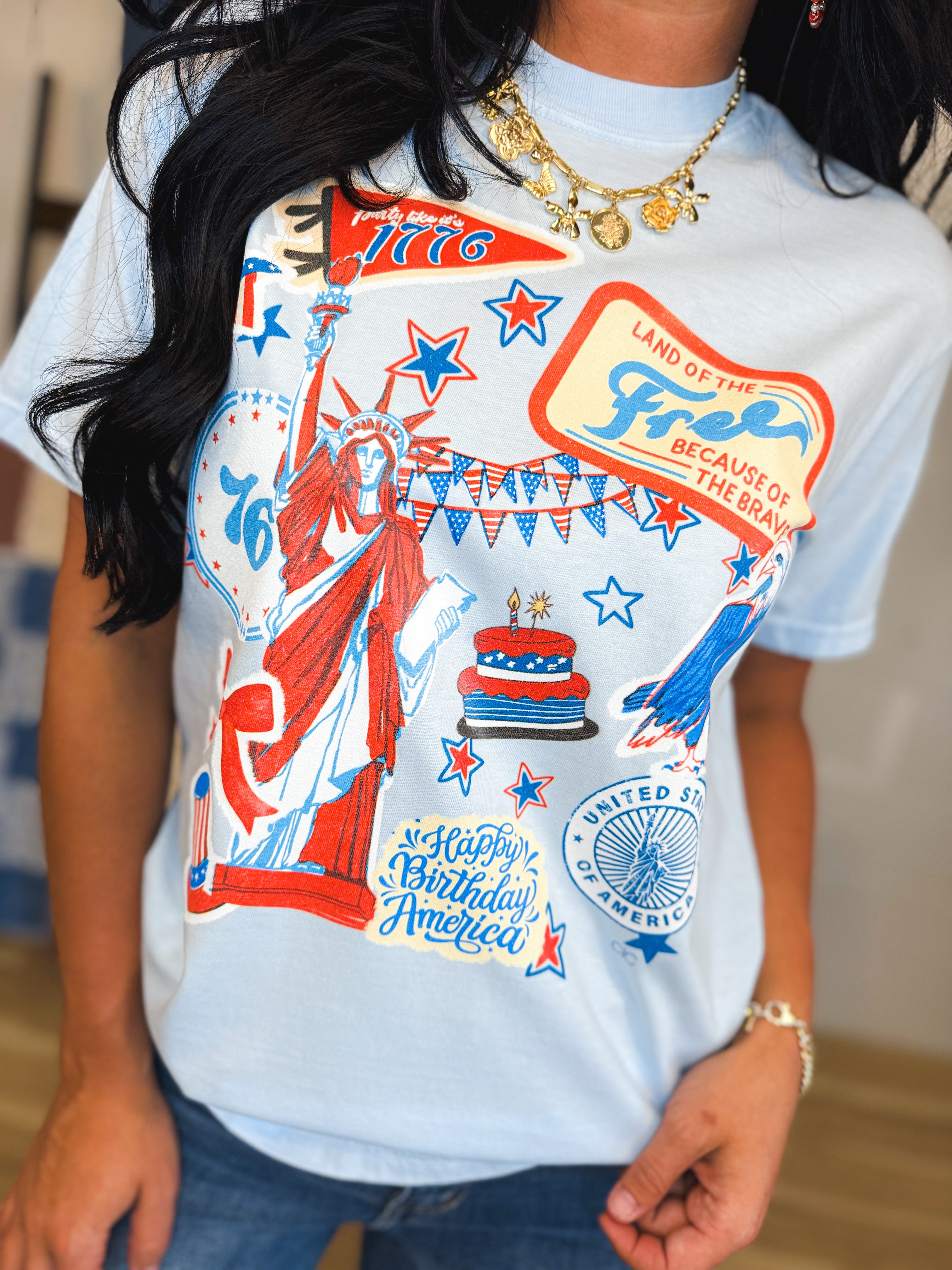 USA Sticker Patch Graphic Tee - Light Blue - Lace and Grace Boutique