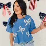 Bow Lace Embroidered Top - Blue