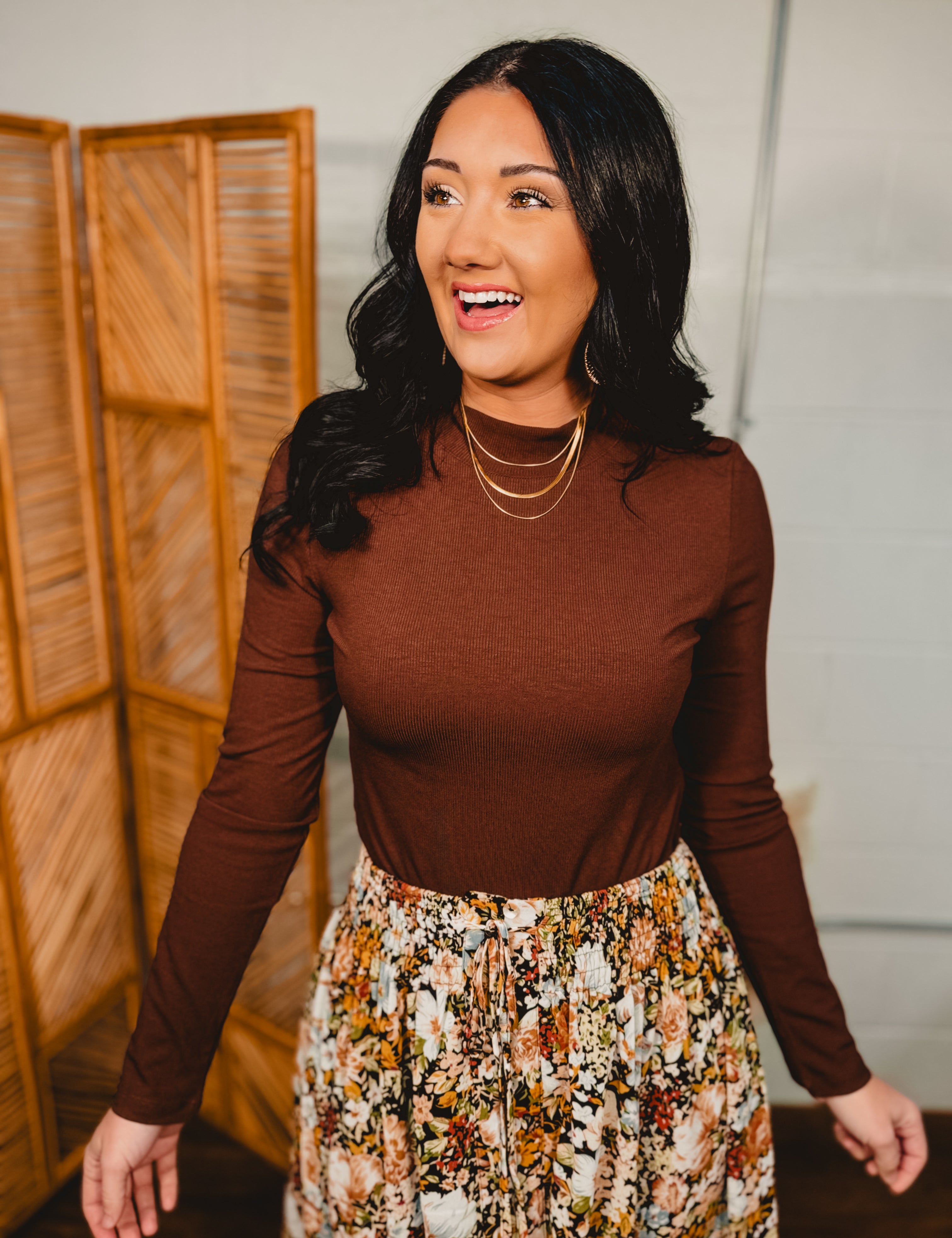 Ribbed Long Sleeve Mock Neck Top - Fudge - Lace and Grace Boutique