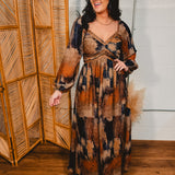 Abstract Velvet Trim Long Sleeve Maxi Dress - Sand