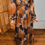Abstract Velvet Trim Long Sleeve Maxi Dress - Sand
