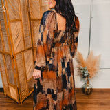 Abstract Velvet Trim Long Sleeve Maxi Dress - Sand