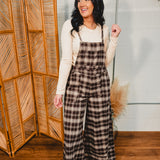 Plaid Flannel Wide Leg Overall Jumpsuit - Chocolate