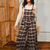 Plaid Flannel Wide Leg Overall Jumpsuit - Chocolate