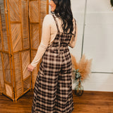 Plaid Flannel Wide Leg Overall Jumpsuit - Chocolate