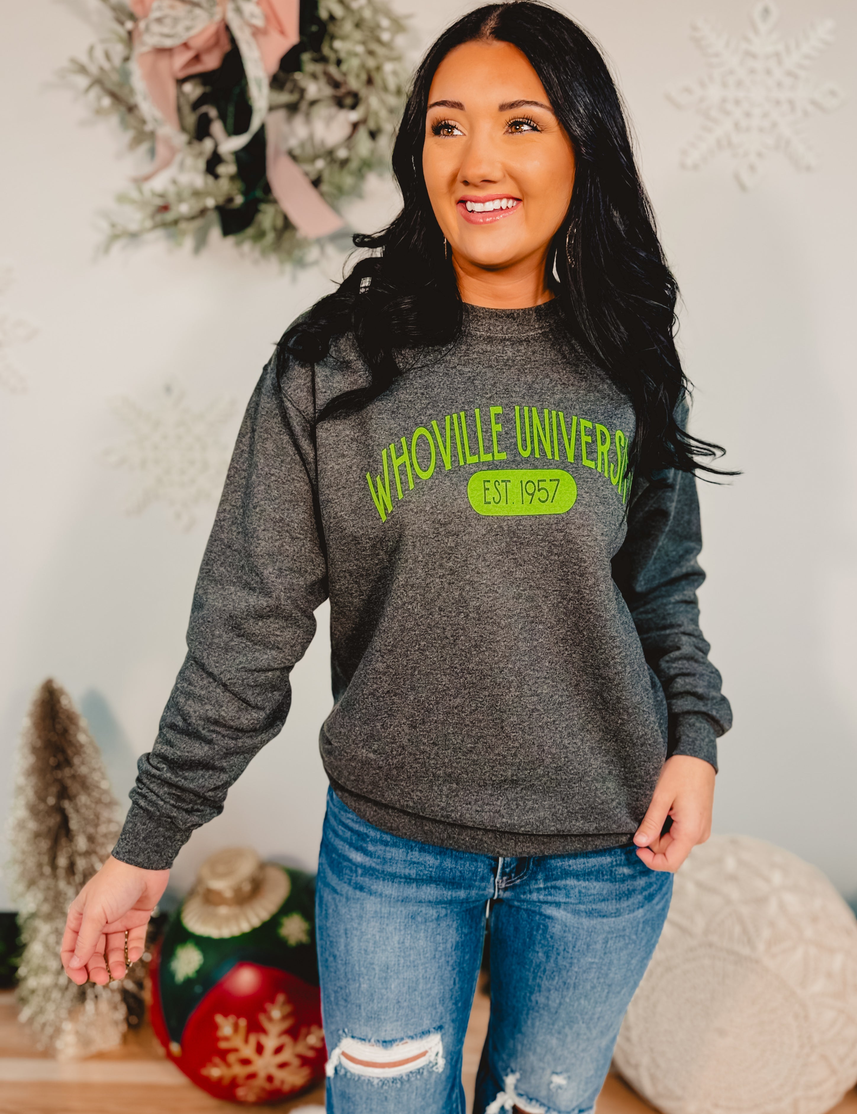 Whoville University Sweatshirt - Charcoal - Lace and Grace Boutique