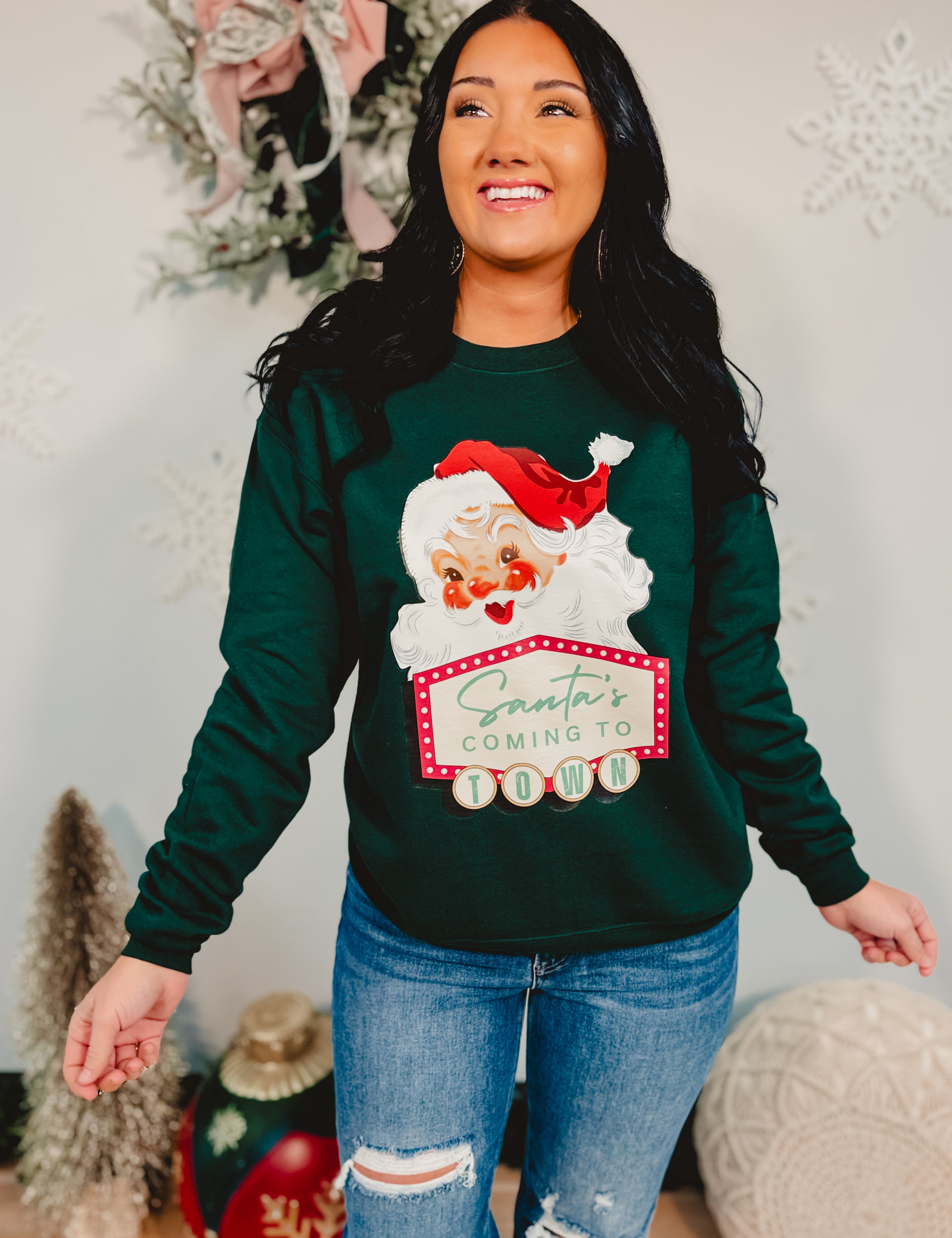 Santa's Coming To Town Sweatshirt - Forest - Lace and Grace Boutique