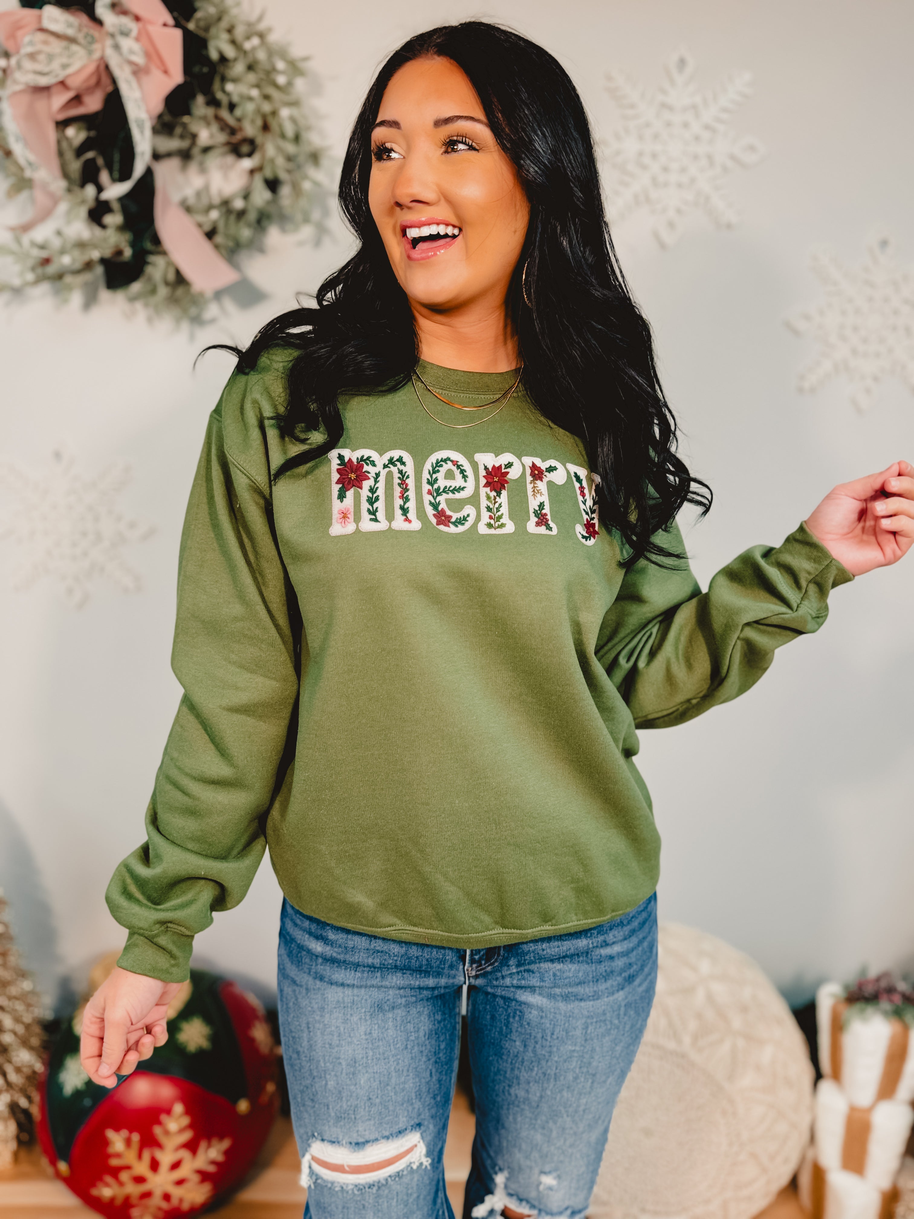 Merry Poinsettia Sweatshirt - Military Green - Lace and Grace Boutique