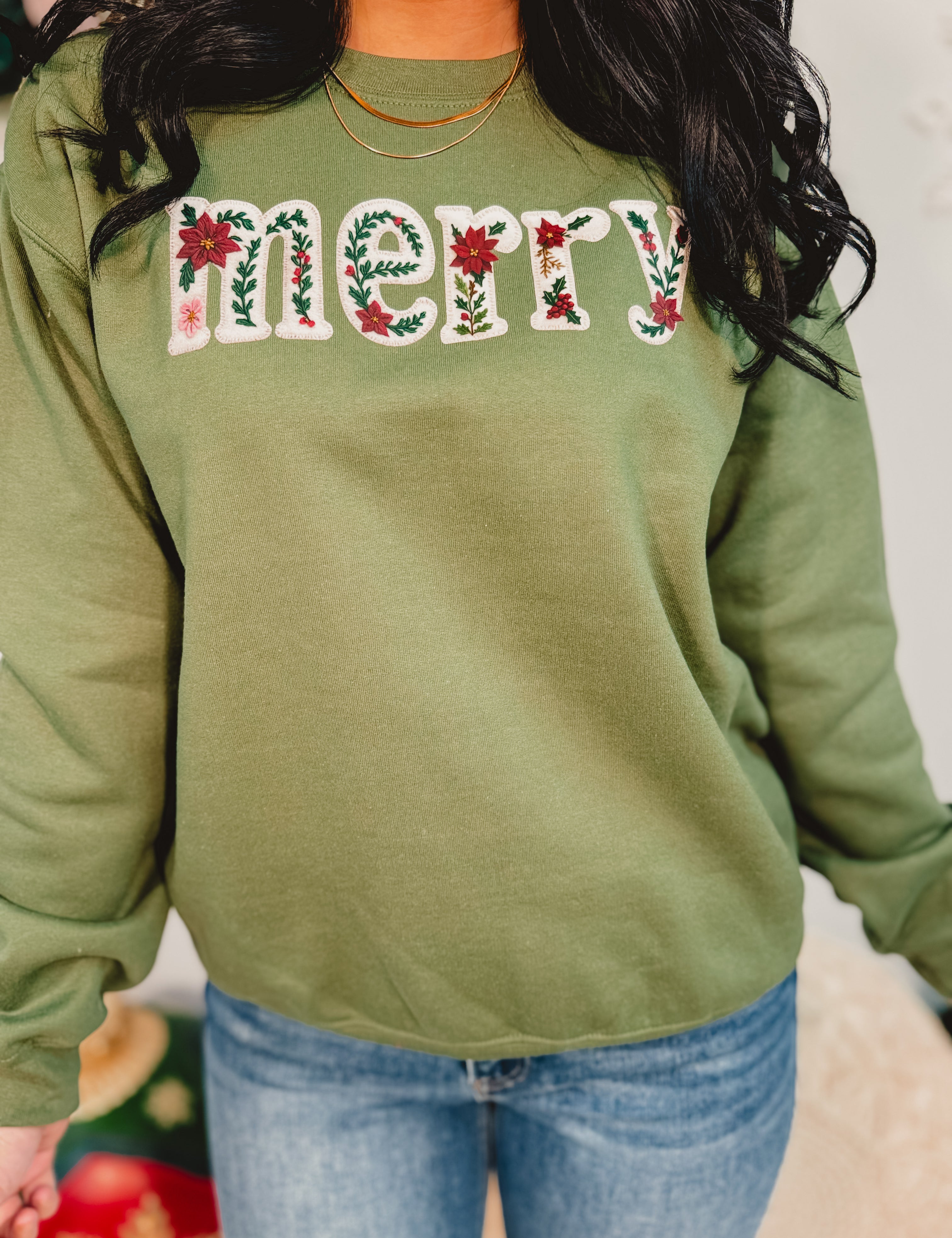 Merry Poinsettia Sweatshirt - Military Green - Lace and Grace Boutique
