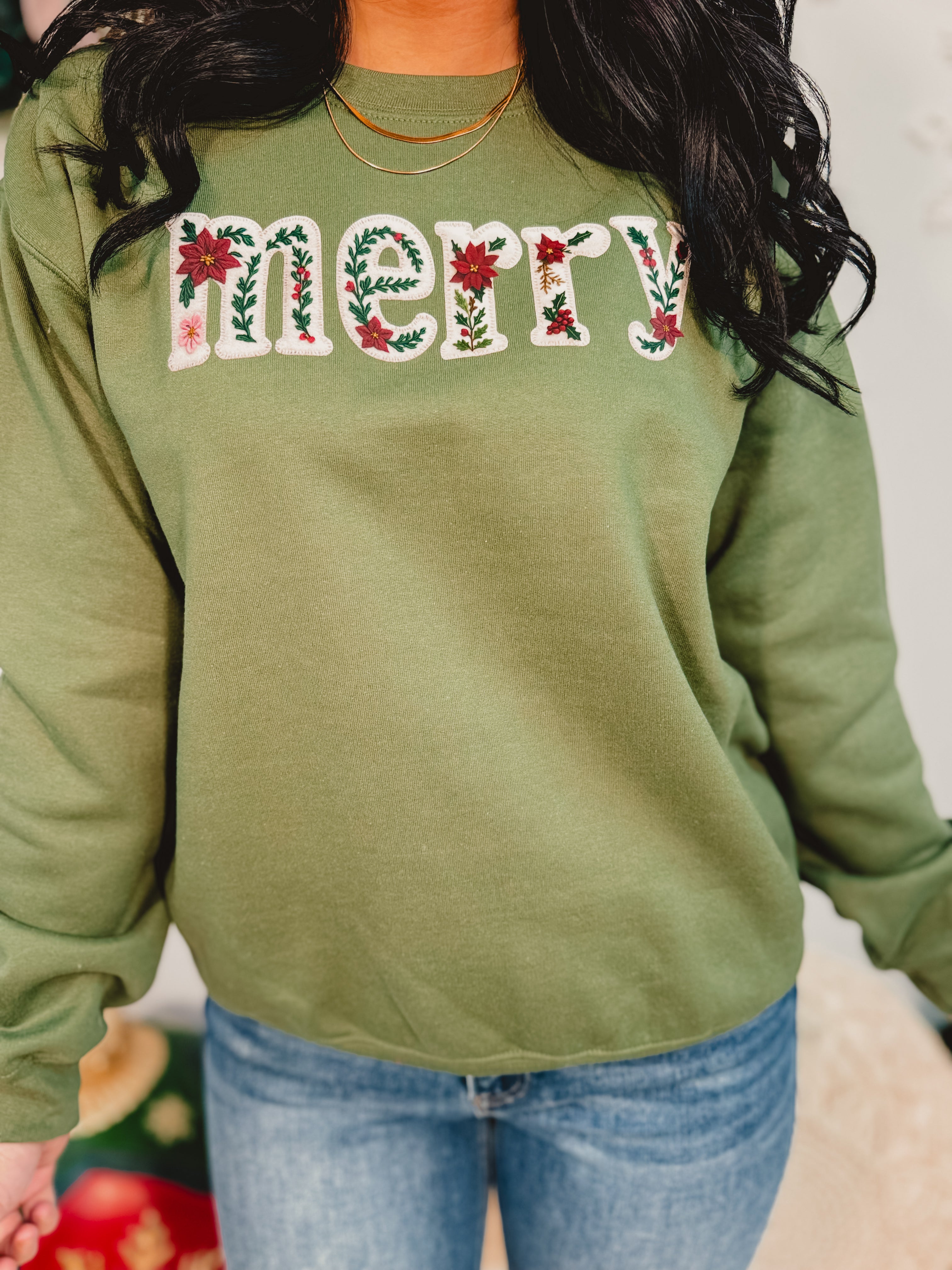 Merry Poinsettia Sweatshirt - Military Green - Lace and Grace Boutique