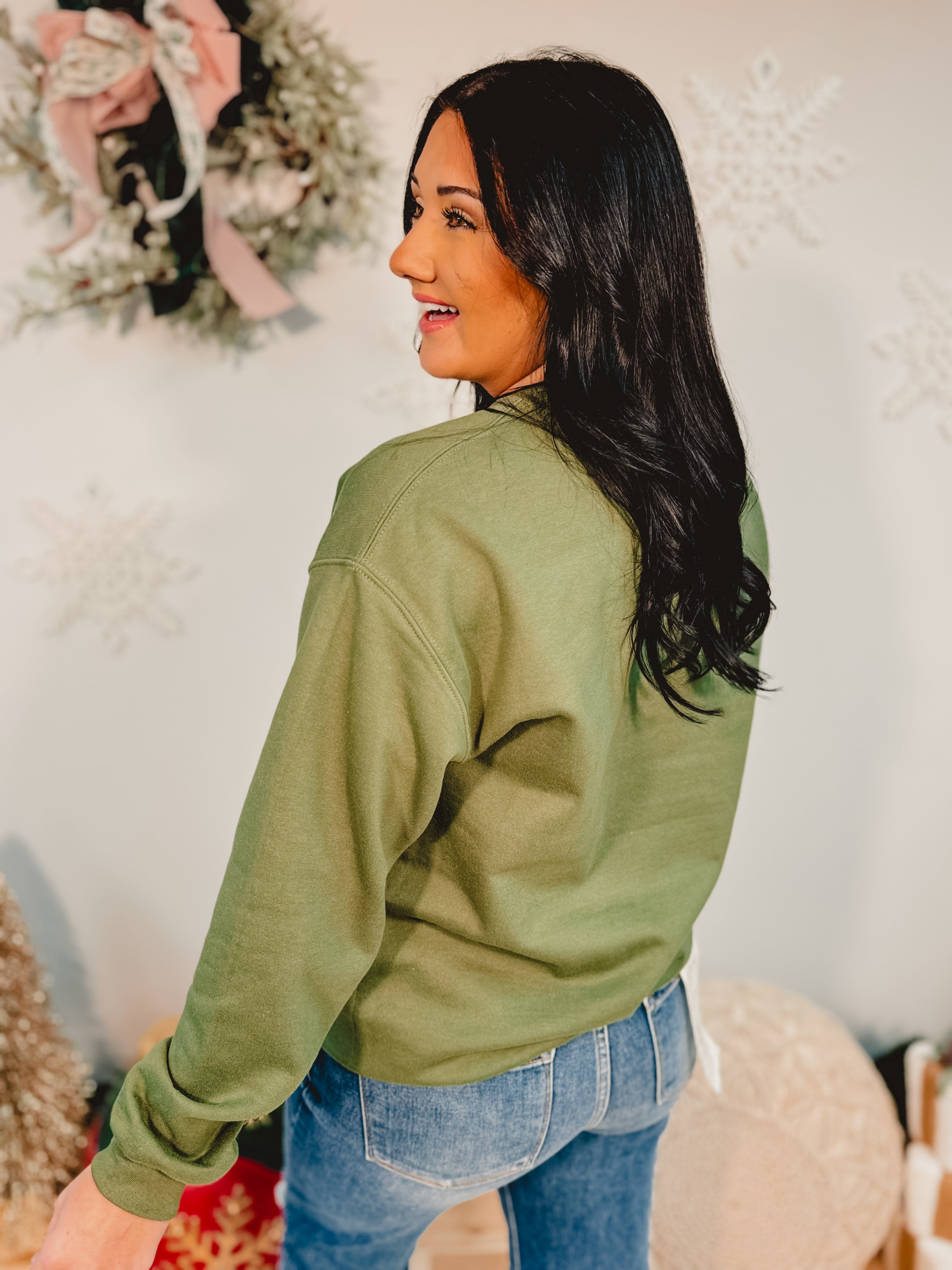 Merry Poinsettia Sweatshirt - Military Green - Lace and Grace Boutique