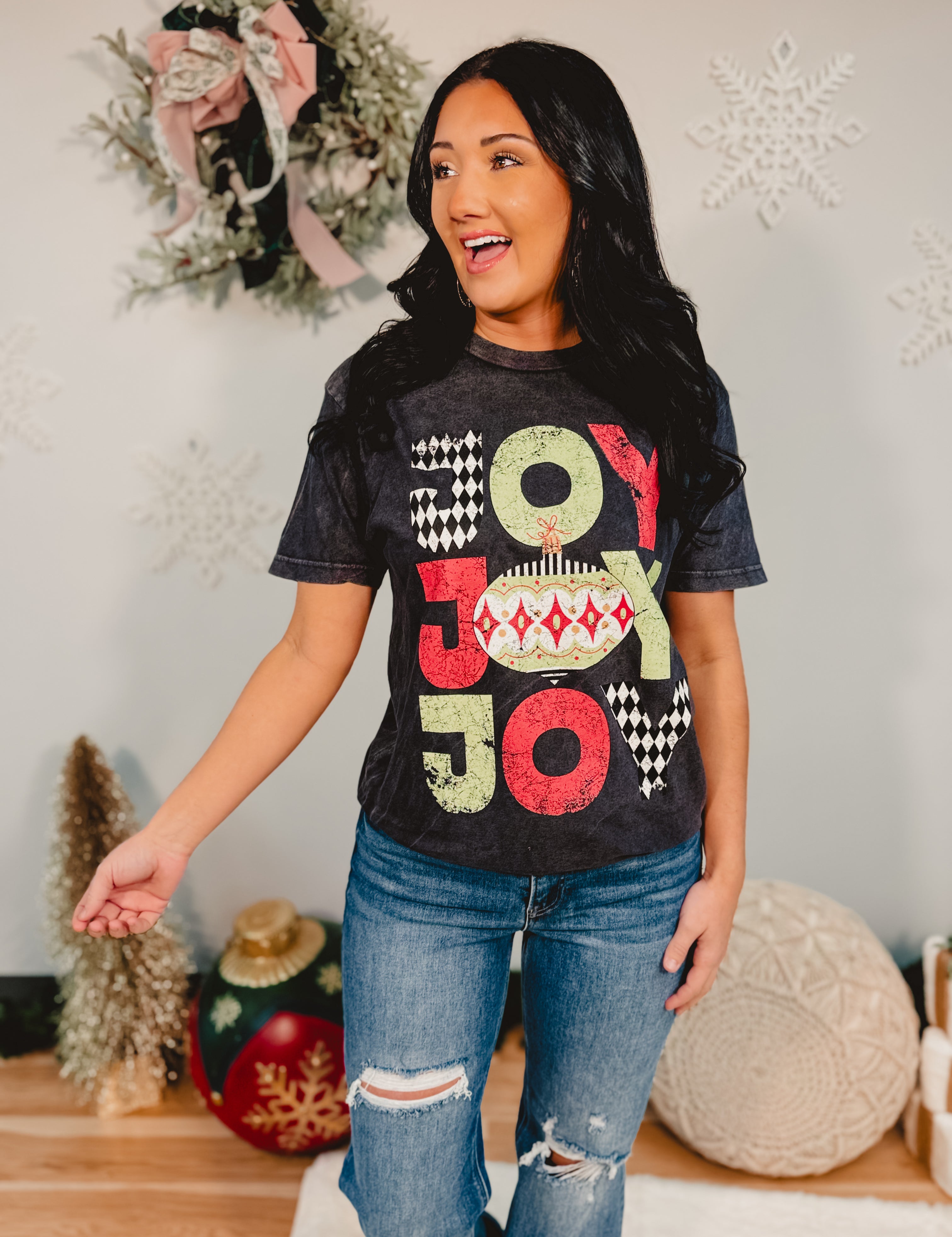 Joy Stacked Graphic Tee - Washed Black - Lace and Grace Boutique