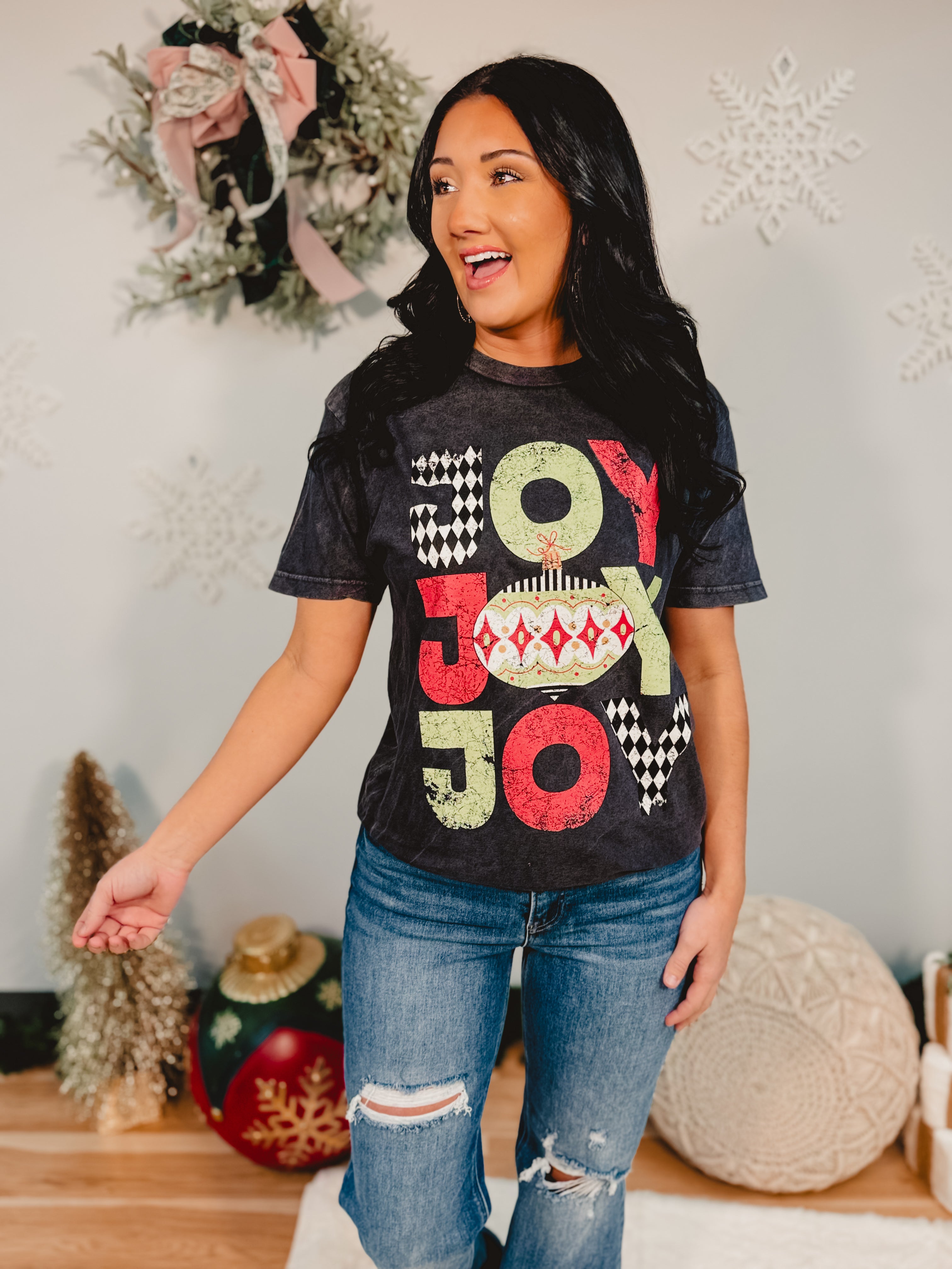 Joy Stacked Graphic Tee - Washed Black - Lace and Grace Boutique