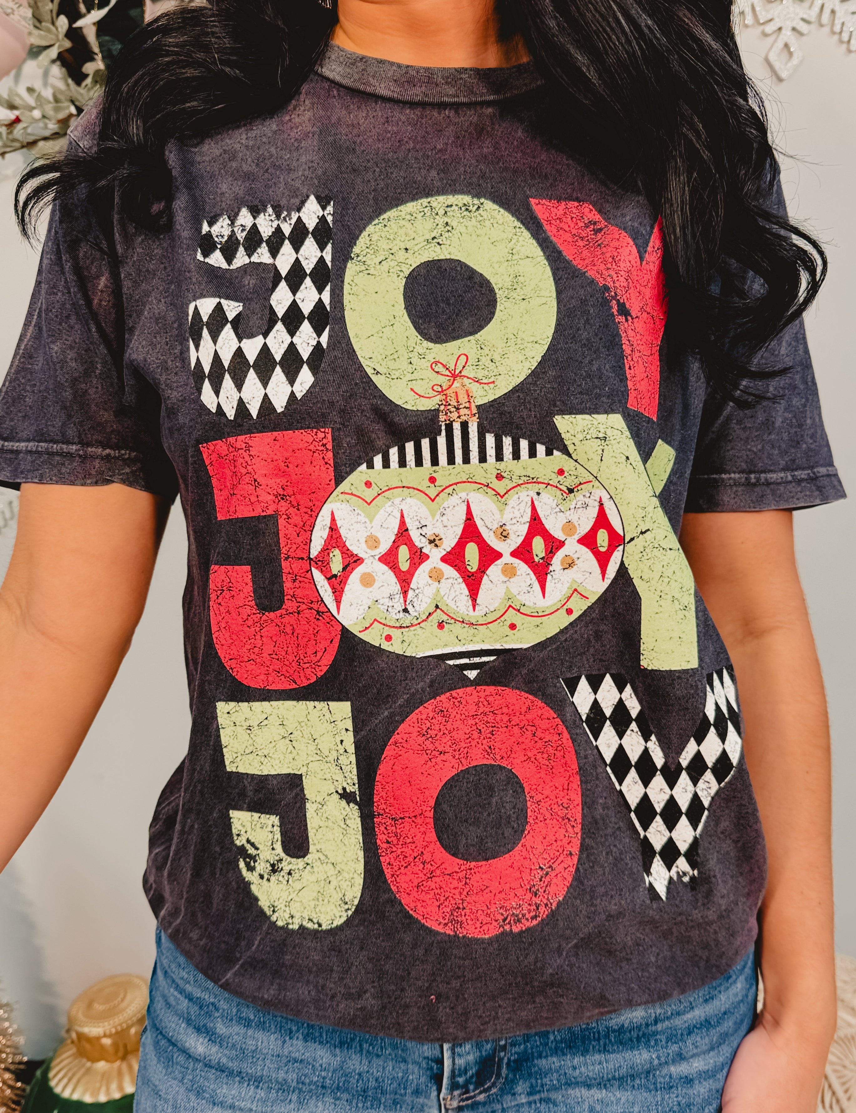 Joy Stacked Graphic Tee - Washed Black - Lace and Grace Boutique
