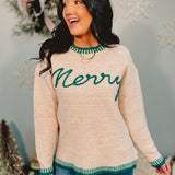 Merry Christmas Embroidery Textured Sweater - Oatmeal/Green