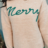 Merry Christmas Embroidery Textured Sweater - Oatmeal/Green