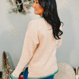 Merry Christmas Embroidery Textured Sweater - Oatmeal/Green