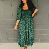 PREORDER: Jacquard Smocked Ruffled Hem Maxi Dress - Hunter Green