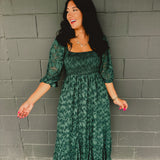PREORDER: Jacquard Smocked Ruffled Hem Maxi Dress - Hunter Green