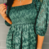 PREORDER: Jacquard Smocked Ruffled Hem Maxi Dress - Hunter Green