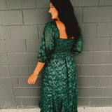 PREORDER: Jacquard Smocked Ruffled Hem Maxi Dress - Hunter Green