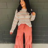 Textured Tiered Detail Wide Pants - Dried Rose