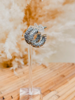 Rhinestone Huggie Hoop Earrings - Silver - Lace and Grace Boutique