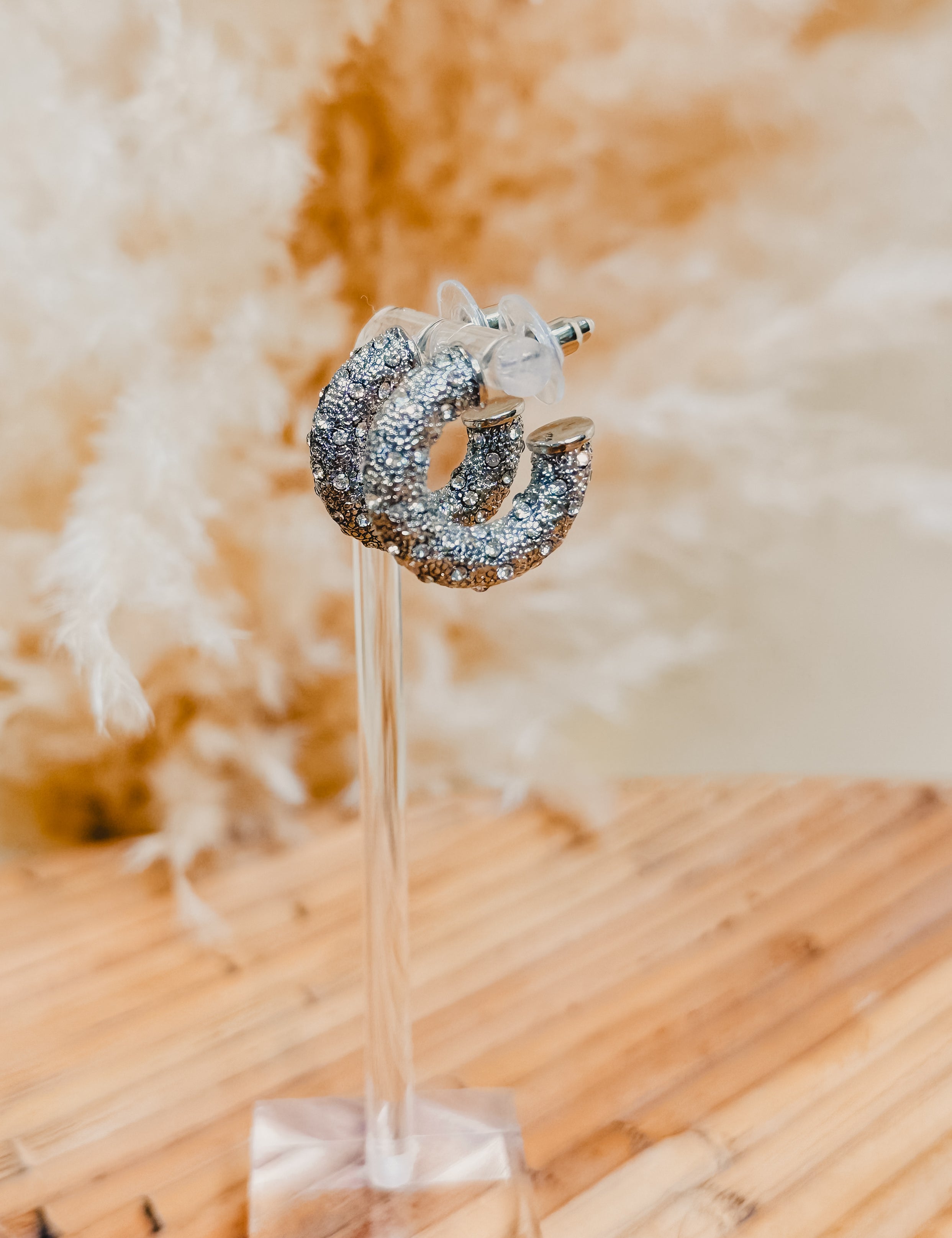 Rhinestone Huggie Hoop Earrings - Silver - Lace and Grace Boutique