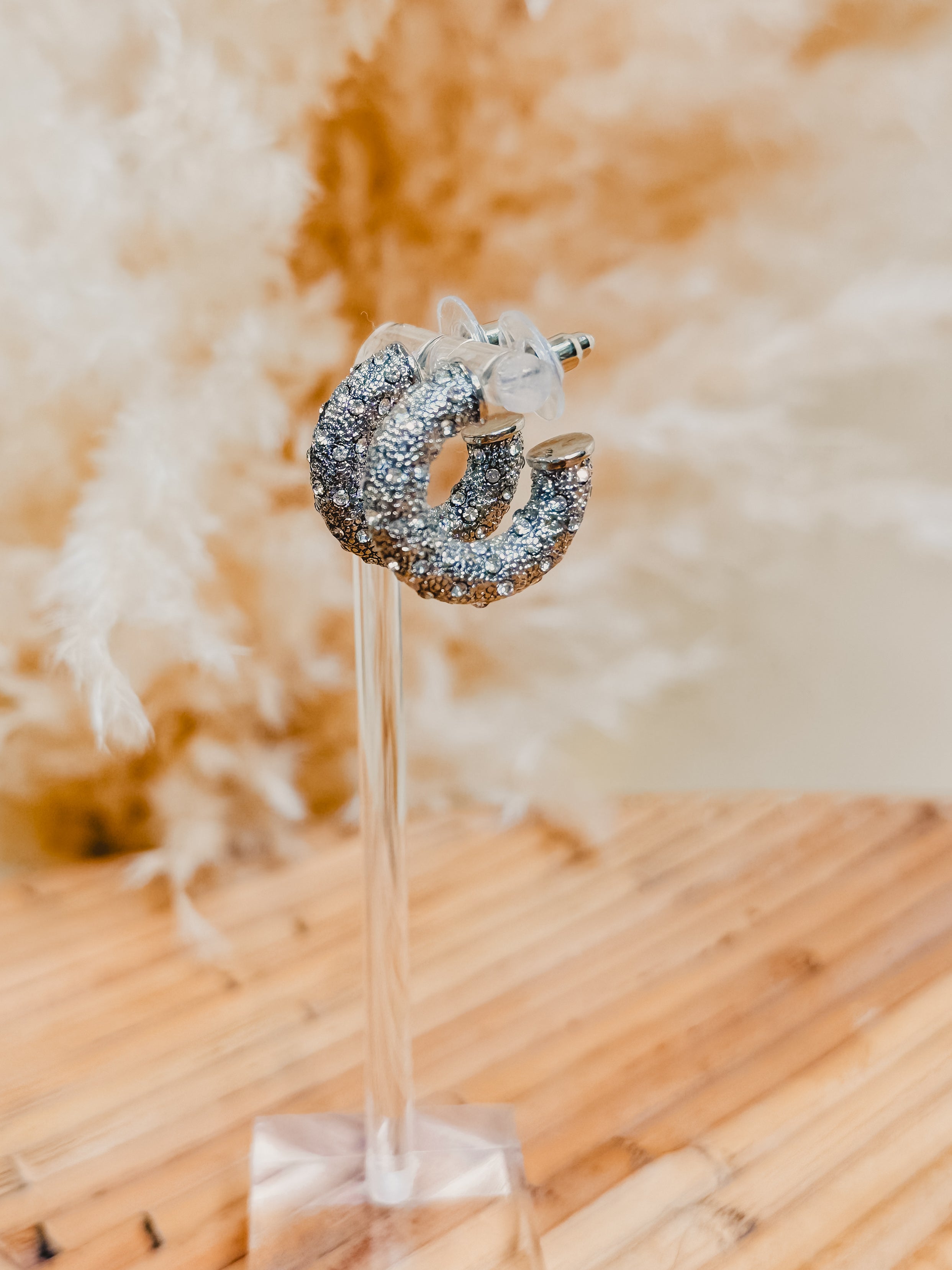 Rhinestone Huggie Hoop Earrings - Silver - Lace and Grace Boutique