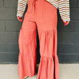 Textured Tiered Detail Wide Pants - Dried Rose