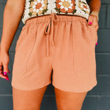 Crinkle Drawstring Adjustable Shorts  - Camel