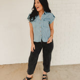 Striped Button-Down Chambray Top - Blue
