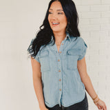 Striped Button-Down Chambray Top - Blue