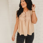Tie Front Pleated Sleeveless Top - Natural - Lace and Grace Boutique