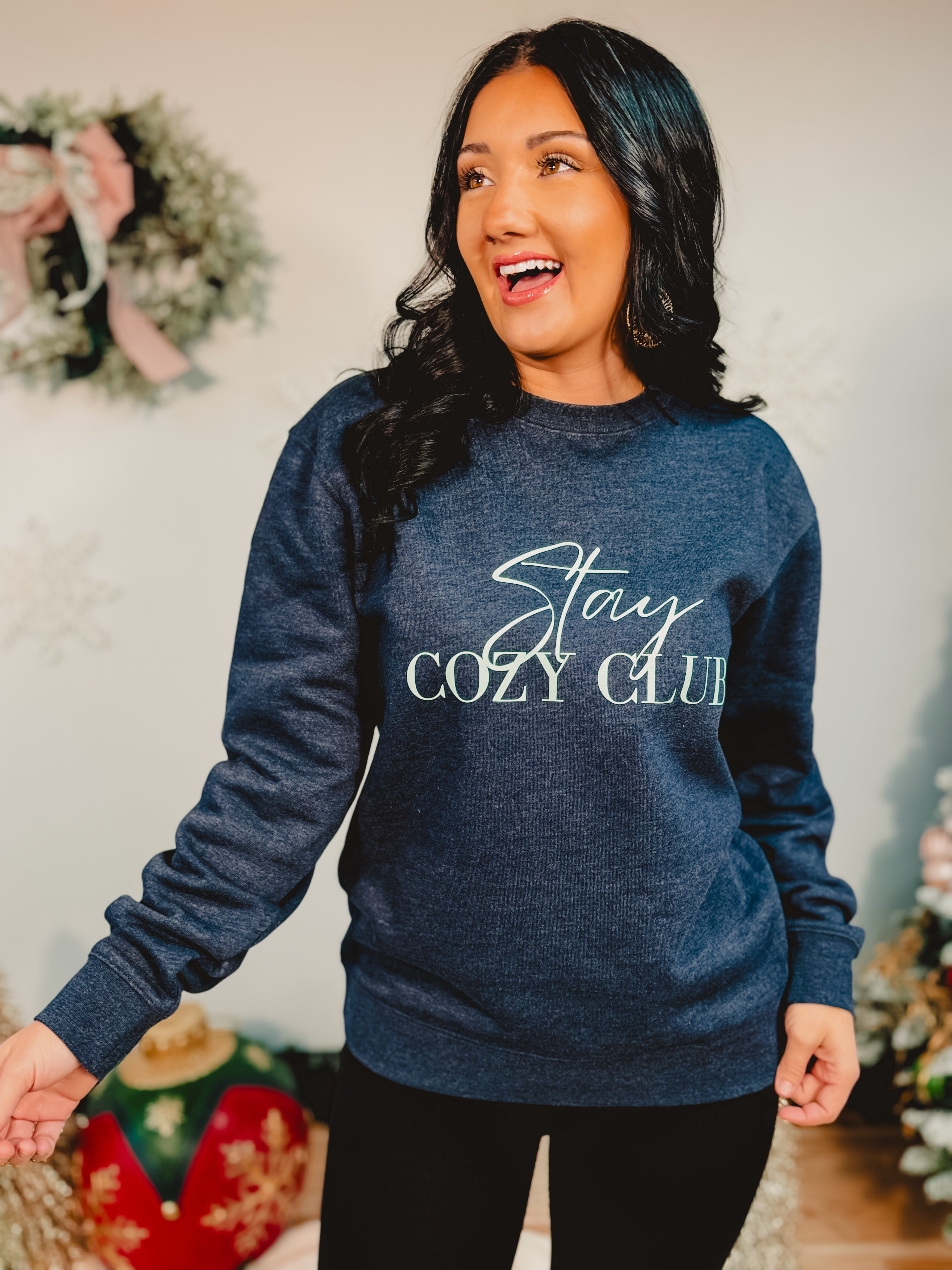 Stay Cozy Club Sweatshirt - Heather Navy - Lace and Grace Boutique