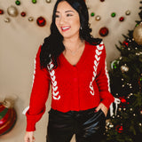 Threaded Ribbon Knit Cardigan - Holly Red