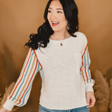 Boat Neck Multi Stripe Sleeves Sweater - Ivory