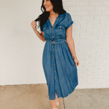 Collared Button Down Belted Midi Dress - Chambray