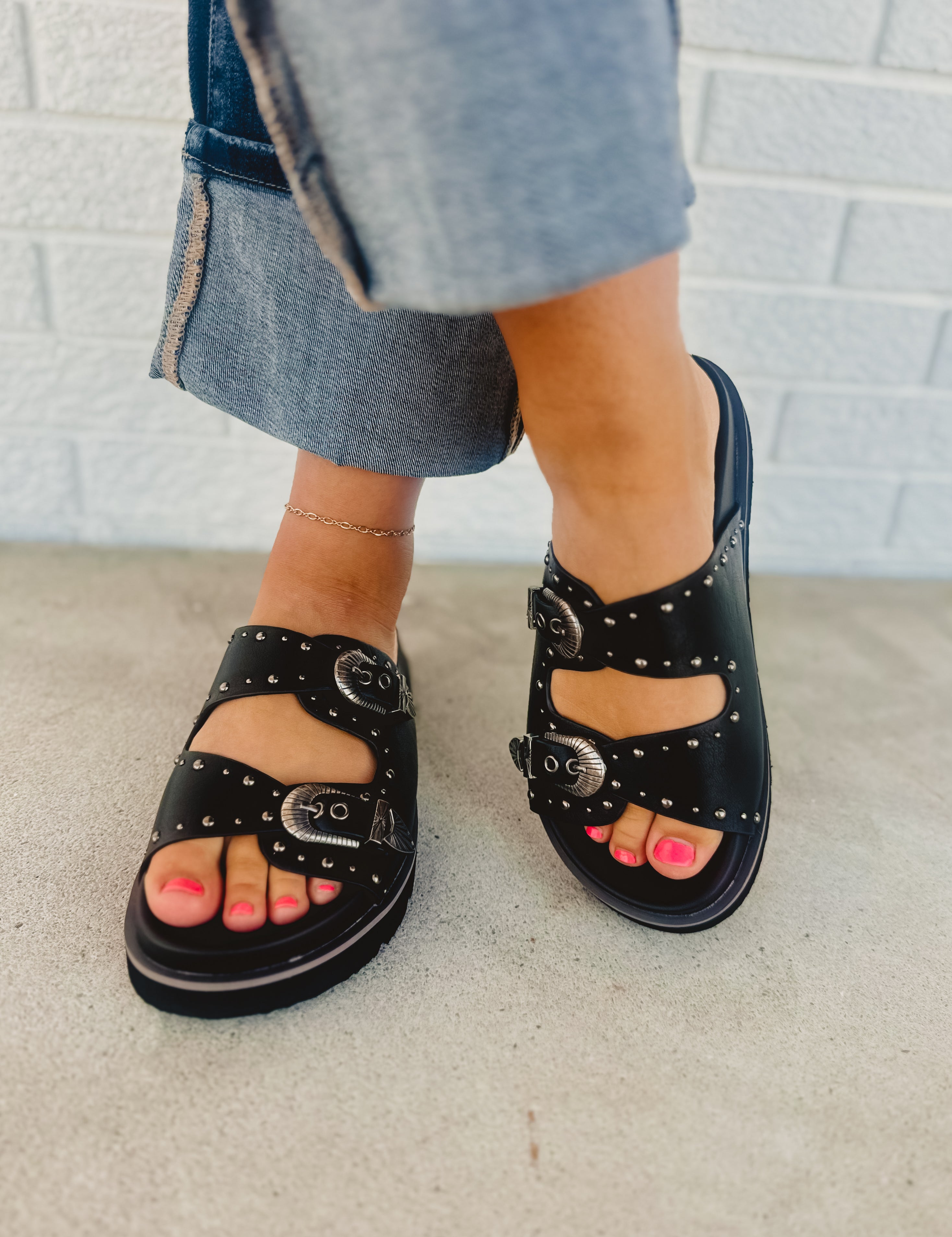 Western Buckle Sandal - Black - Lace and Grace Boutique