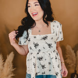 Floral Puff Sleeve top - Black / White