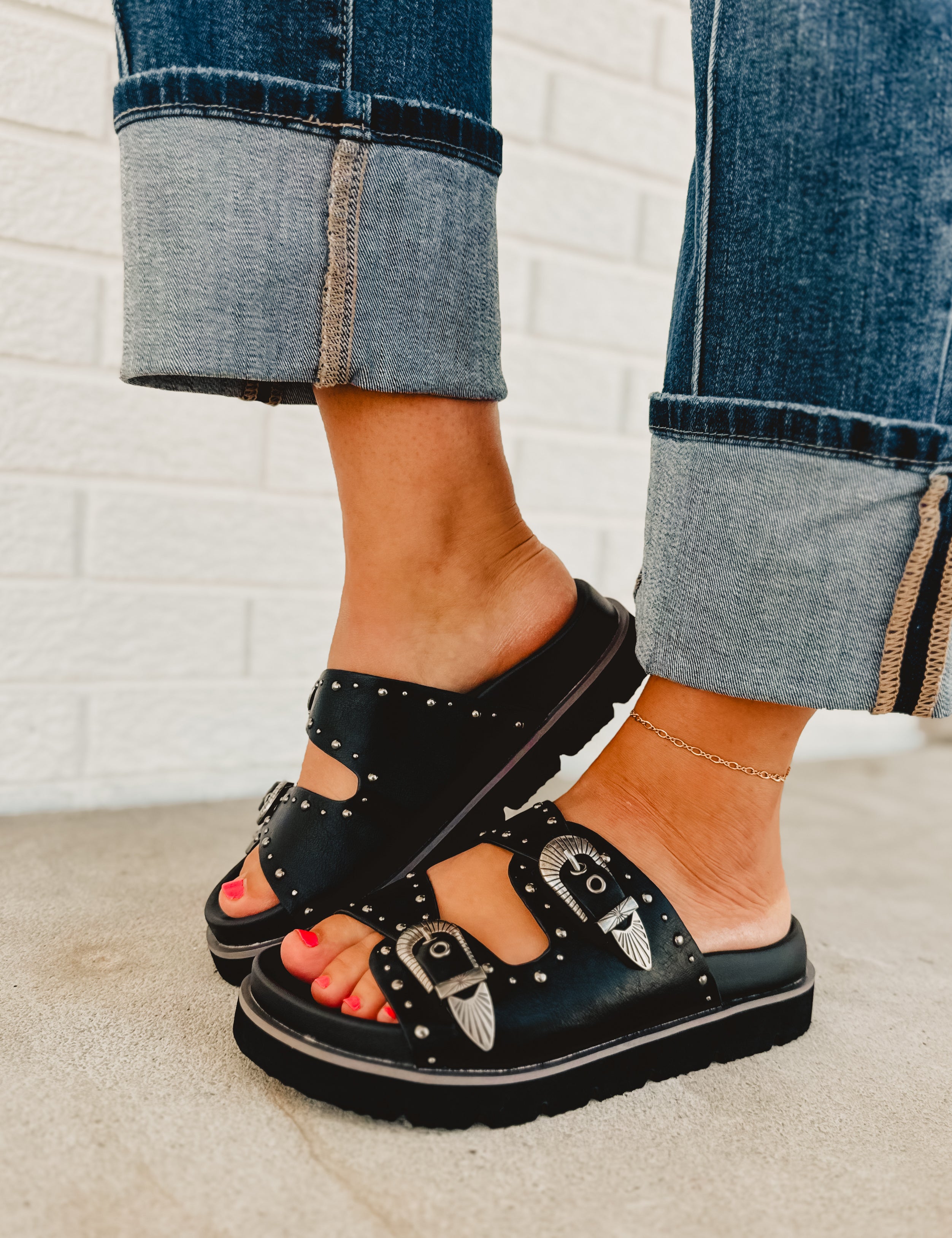 Western Buckle Sandal - Black - Lace and Grace Boutique