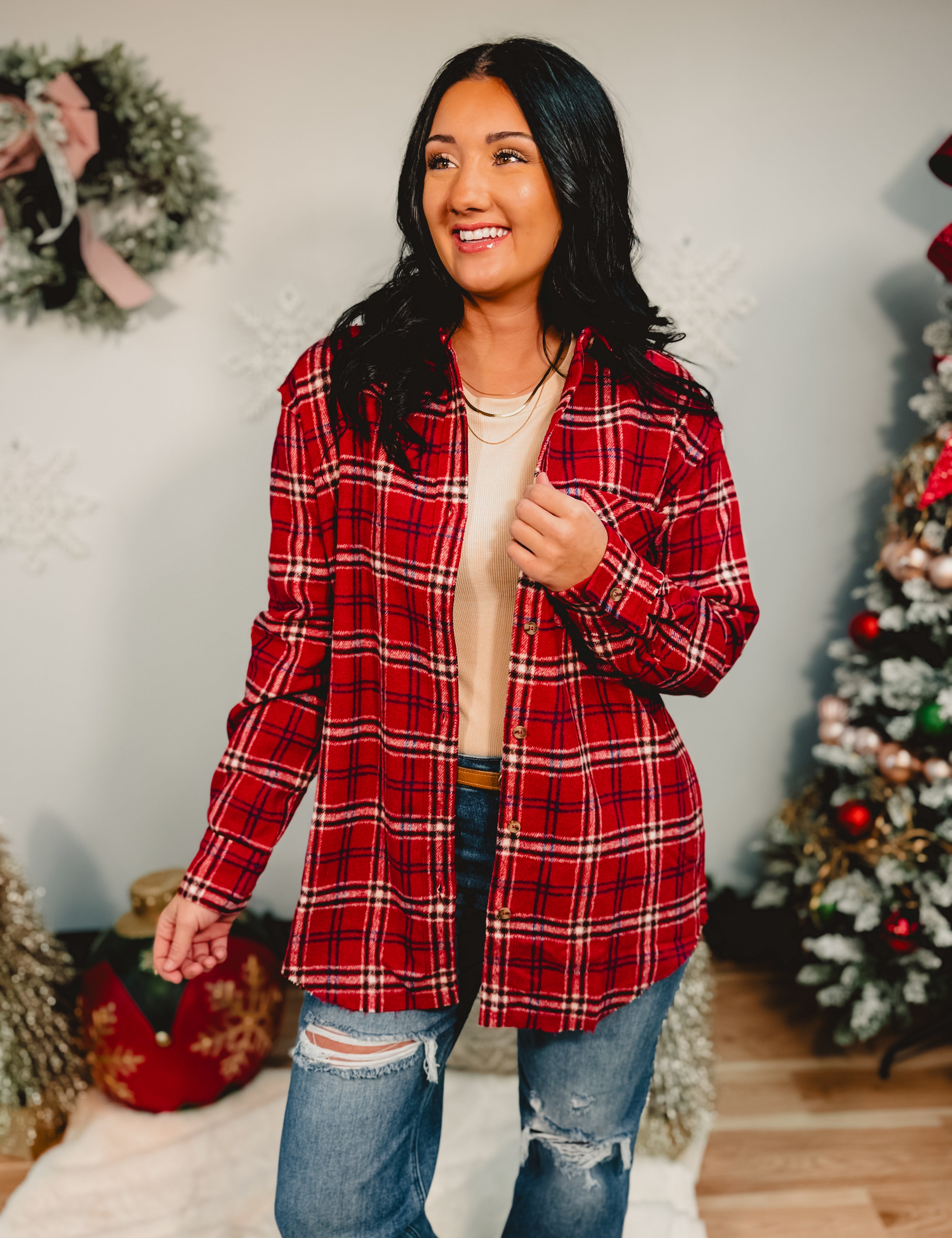 Mineral Washed Button Down Plaid Top - Red - Lace and Grace Boutique