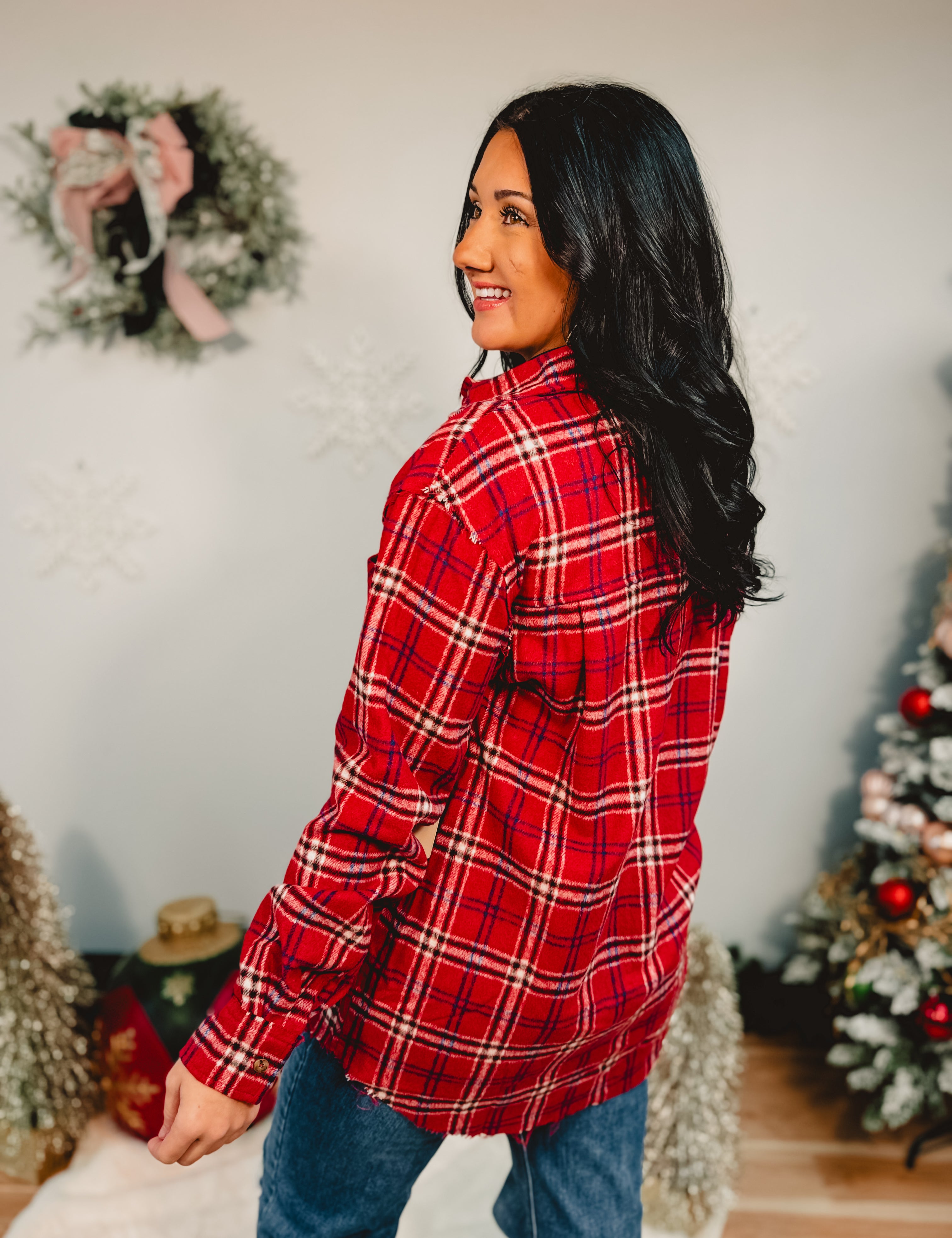 Mineral Washed Button Down Plaid Top - Red - Lace and Grace Boutique