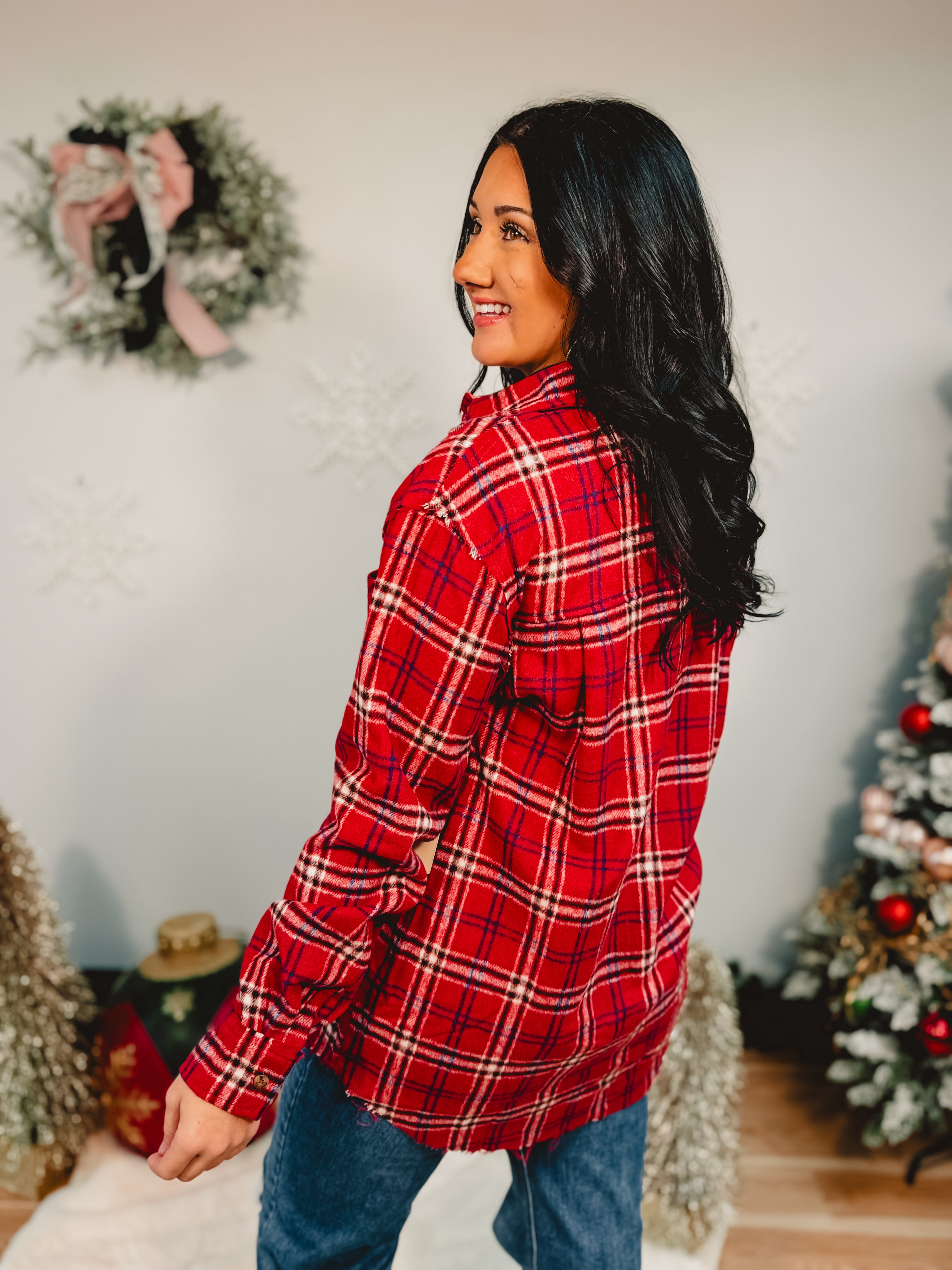 Mineral Washed Button Down Plaid Top - Red - Lace and Grace Boutique