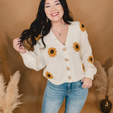 Sunflower Embroidered V Neck Cardigan - Cream