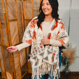 Oversized Aztec Fringed Shawl - Beige