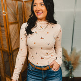 Floral Embroidered Mock Neck Ribbed Top - Ecru