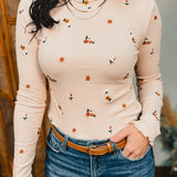 Floral Embroidered Mock Neck Ribbed Top - Ecru